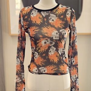 Widow Fiery Skull Print Long Sleeve Tee S